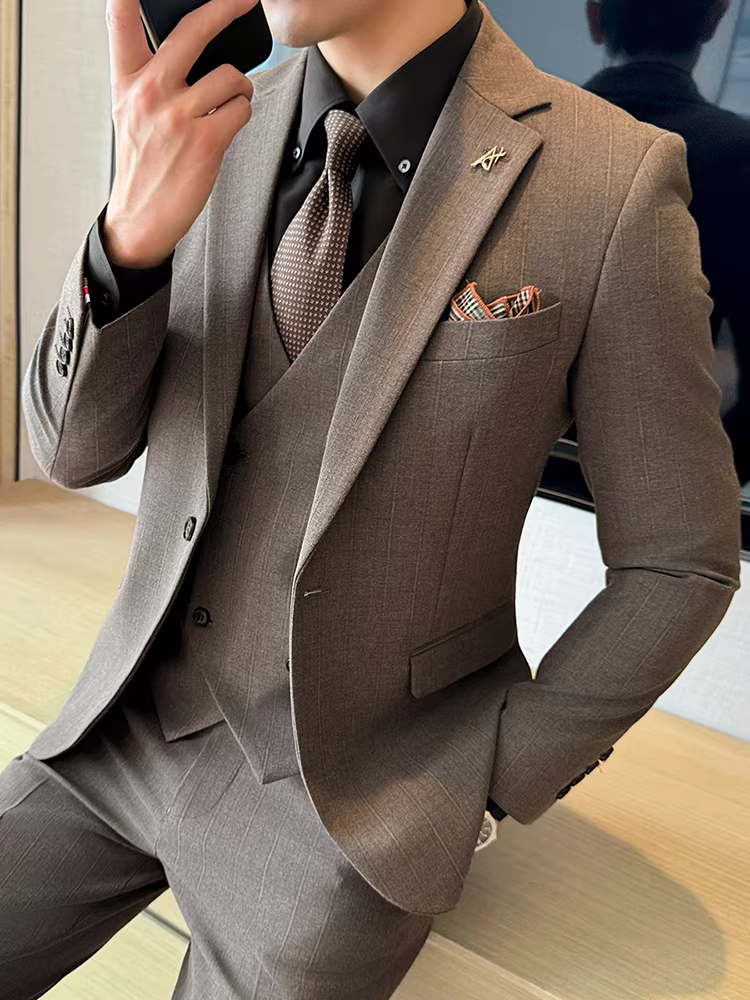 Bộ vest nam một nút, kiểu dáng ôm body cao cấp, trang phục công sở lịch lãm, dễ chăm sóc, bộ vest ba mảnh không nhăn.