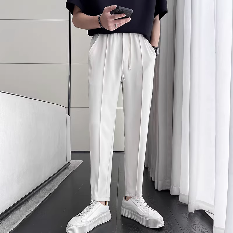 Quần âu nam mùa hè, mỏng, cao cấp, chất liệu lụa đá, thoáng khí, thời trang, dáng rộng, ống thẳng, kiểu dáng lịch lãm.