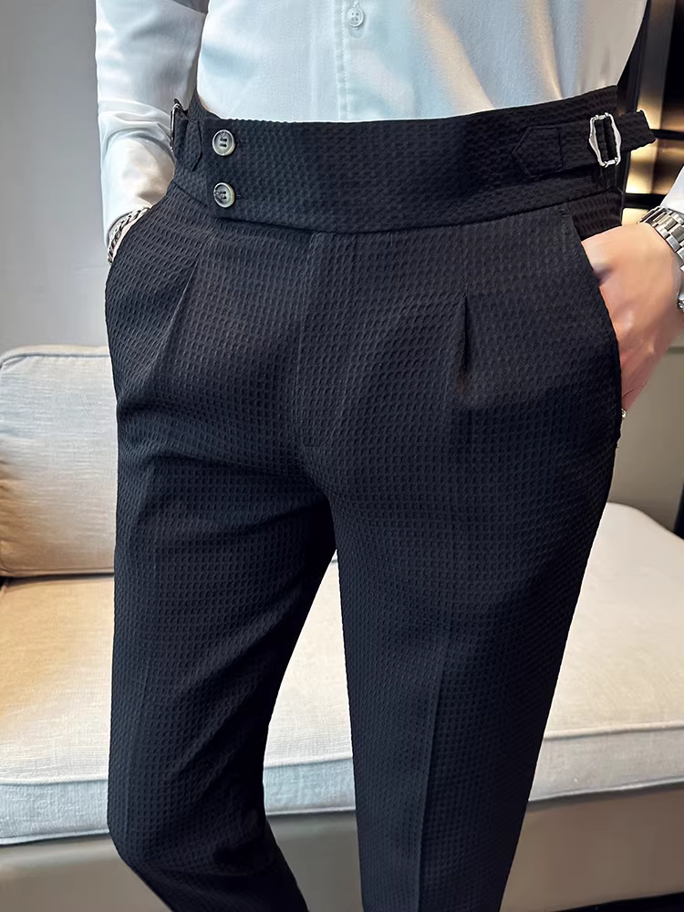 Quần âu nam kiểu dáng casual, cao cấp, thời thượng phong cách Hàn Quốc, ôm dáng, ống côn, kiểu Naples, chất liệu cao cấp, cạp cao.