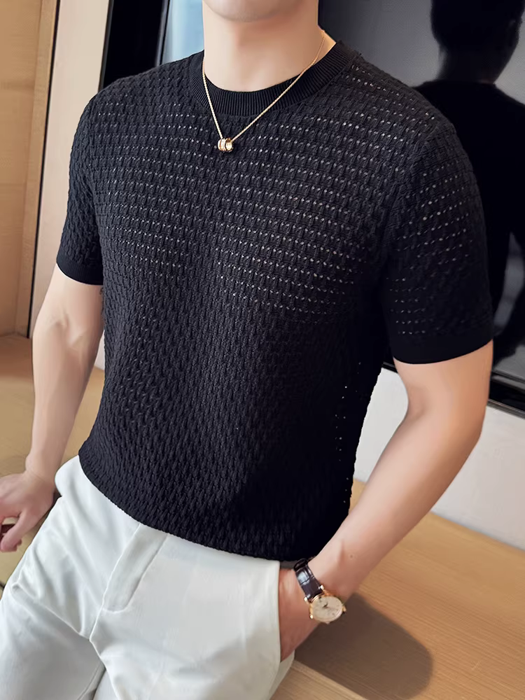 Áo thun ngắn tay dệt kim mỏng mùa hè dành cho nam, thời trang cao cấp, sành điệu, đẹp trai, áo thun cổ tròn ôm vừa vặn