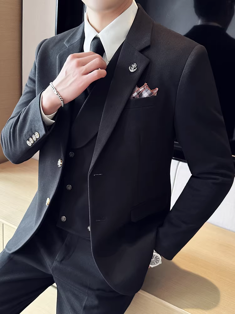 Bộ vest len nam mùa thu đông dày dặn, kiểu dáng lịch lãm, ôm dáng, cao cấp, thích hợp cho chú rể, đám cưới.