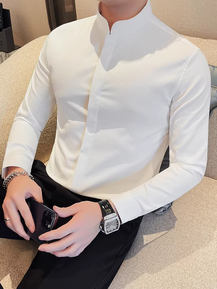 Áo sơ mi nam cổ waffle, tay dài, kiểu dáng công sở lịch sự, đa năng, hợp thời trang, ôm dáng, thời thượng, cao cấp