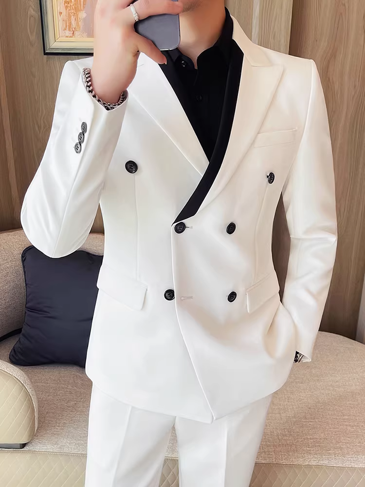 Áo blazer nam thiết kế phối màu, dáng hai hàng khuy, bộ vest công sở lịch lãm ôm dáng, mẫu mới xuân thu 2025