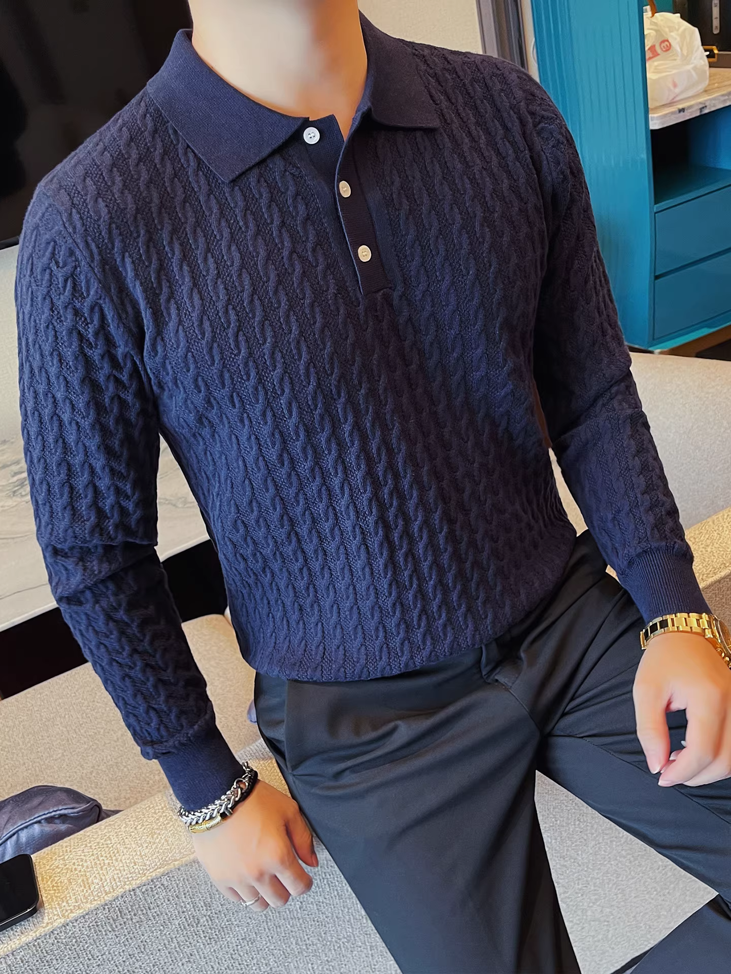 Áo polo nam kiểu Anh, chất liệu dệt kim, cổ trụ, tay dài, dáng ôm, mới mùa thu đông, áo len cao cấp