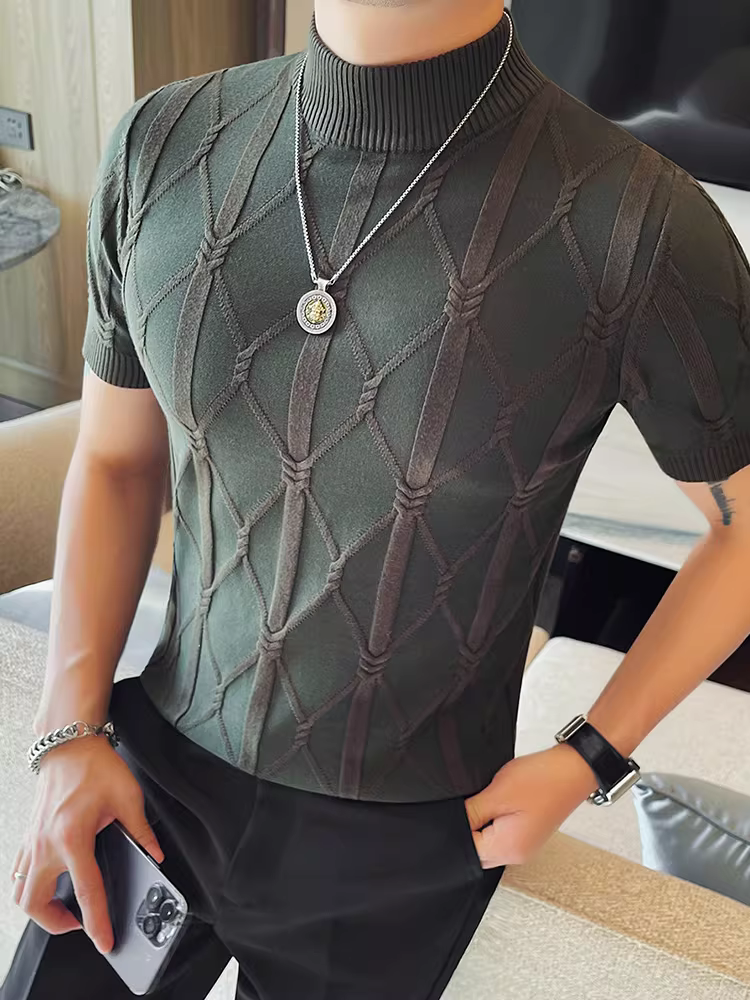 Áo thun ngắn tay dệt kim cổ cao nửa cổ bằng vải lụa băng dành cho nam, thời trang xuân hè mới, kiểu dáng ôm sát cao cấp, cổ trung bình, lớp lót bên trong