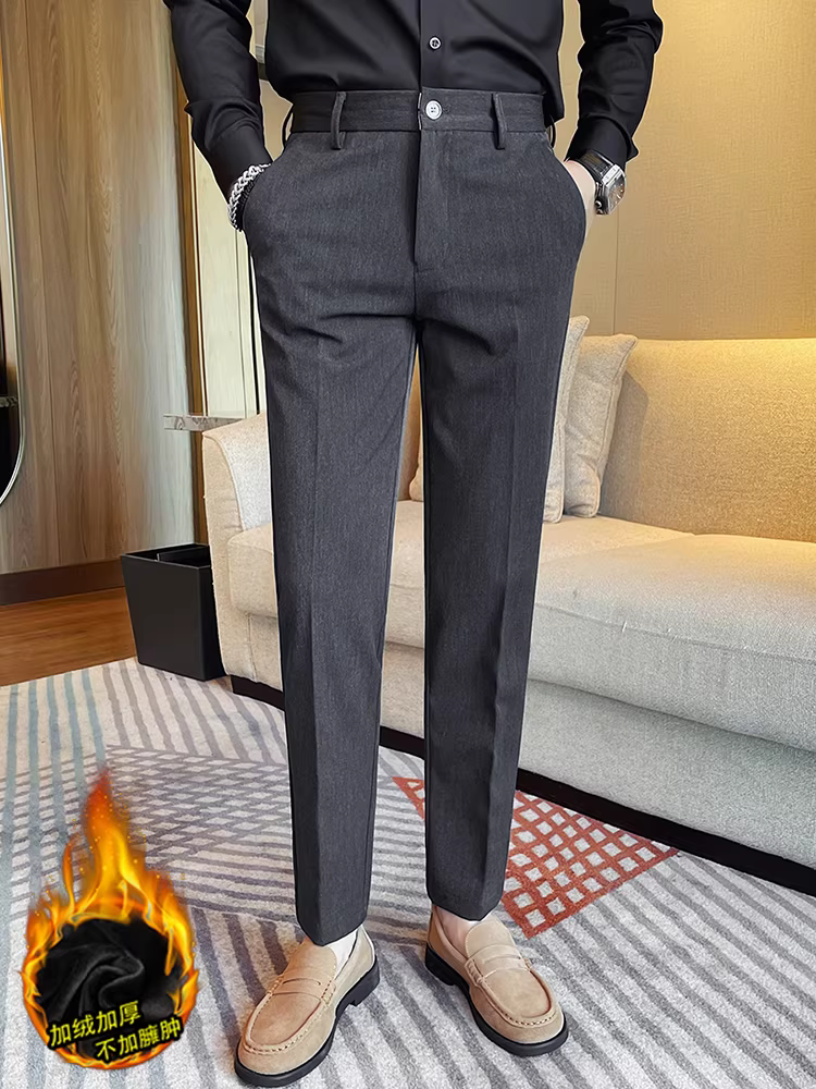 Quần âu nam lót lông cừu dày dặn mùa thu đông, dáng ôm, chất lượng cao, đa năng, quần dài dễ chăm sóc, thích hợp làm quần công sở.