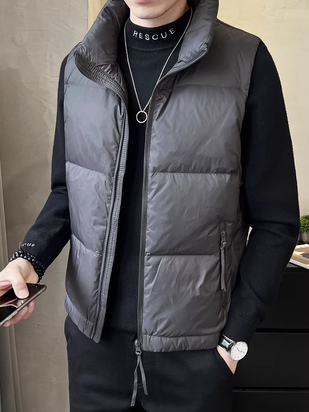 Áo vest nam cổ đứng ngắn, áo vest dày giữ ấm mùa thu đông, áo khoác phao dáng rộng chất lượng cao.