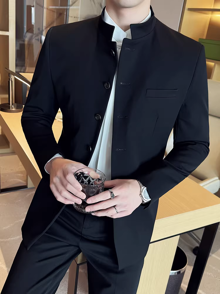 Bộ vest cổ đứng kiểu Trung Quốc dành cho nam, thời trang công sở cao cấp, kiểu dáng ôm sát, vest cưới chú rể, kiểu áo dài