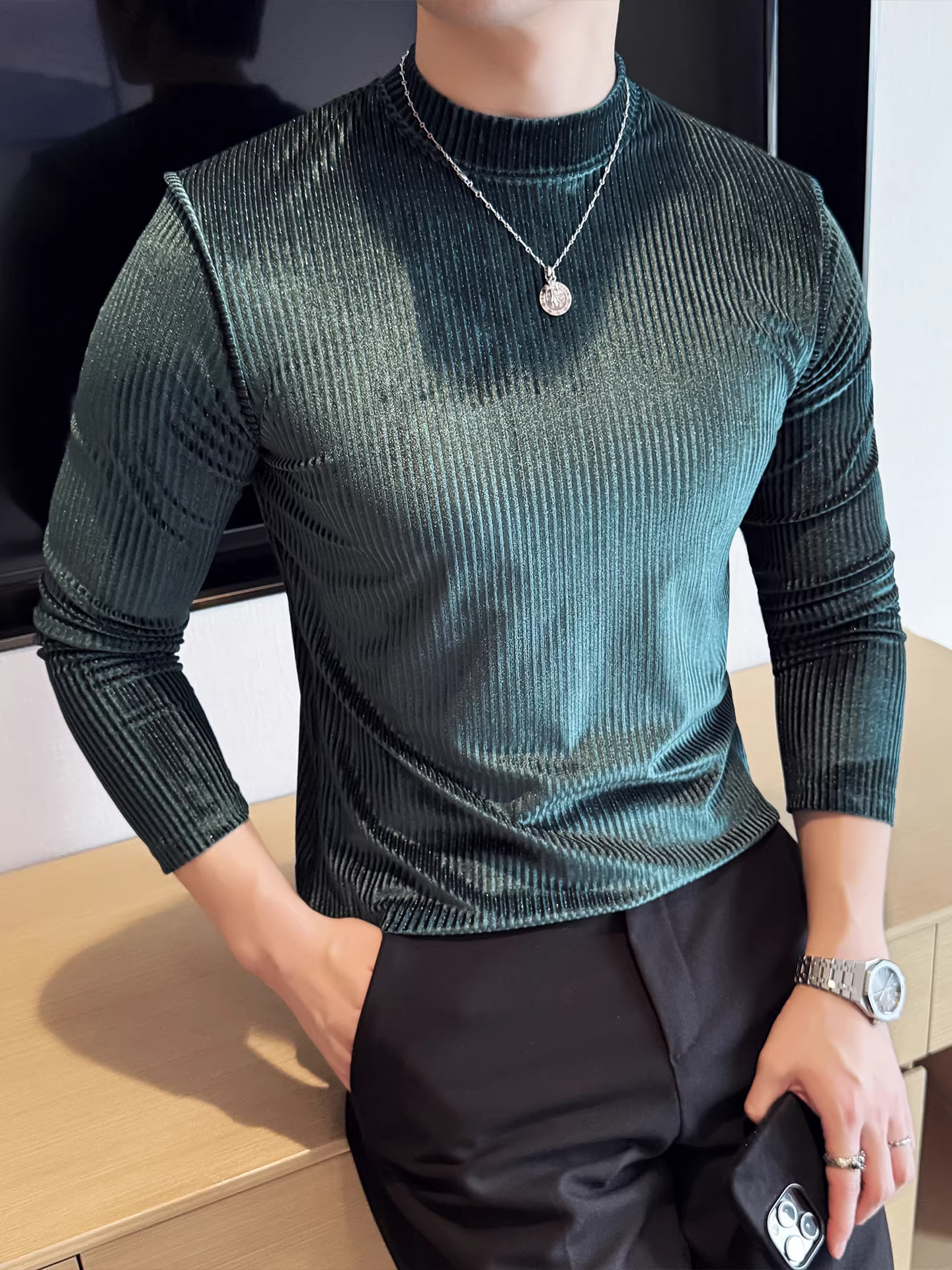 Áo thun nam cổ lọ nhung dệt kim dài tay, thời trang thu đông 2025 kiểu dáng ôm body, áo lót cổ nửa cao