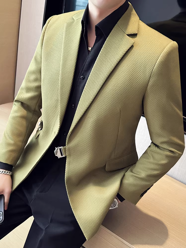 Áo blazer nam chất liệu vải waffle, kiểu dáng mỏng nhẹ mùa hè, ôm dáng, phong cách cao cấp, đơn giản, cá tính và thời trang, kiểu dáng đơn hàng nút.