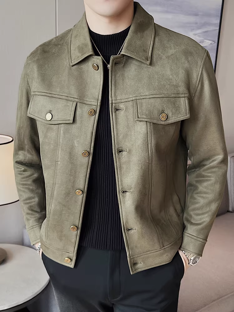 Áo khoác da lộn nam, thu đông, dày dặn, thời trang, hợp xu hướng, cao cấp, ôm dáng, ve áo sắc nét, kiểu ngắn