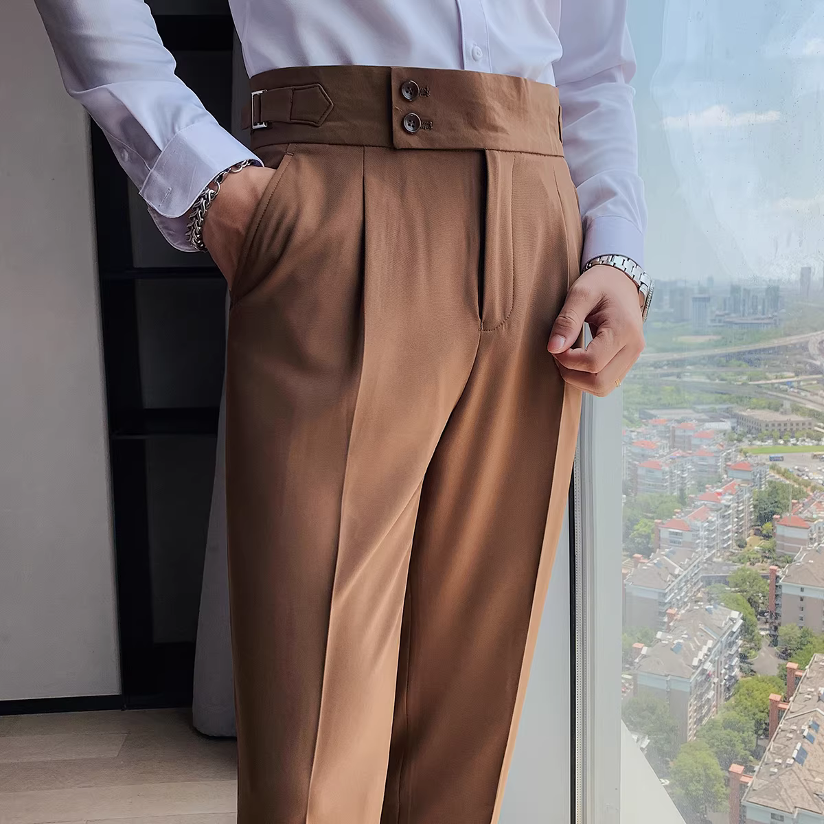 Quần âu nam mùa thu, kiểu dáng thẳng ống Naples, quần âu lưng cao, quần âu công sở ôm dáng kiểu Anh