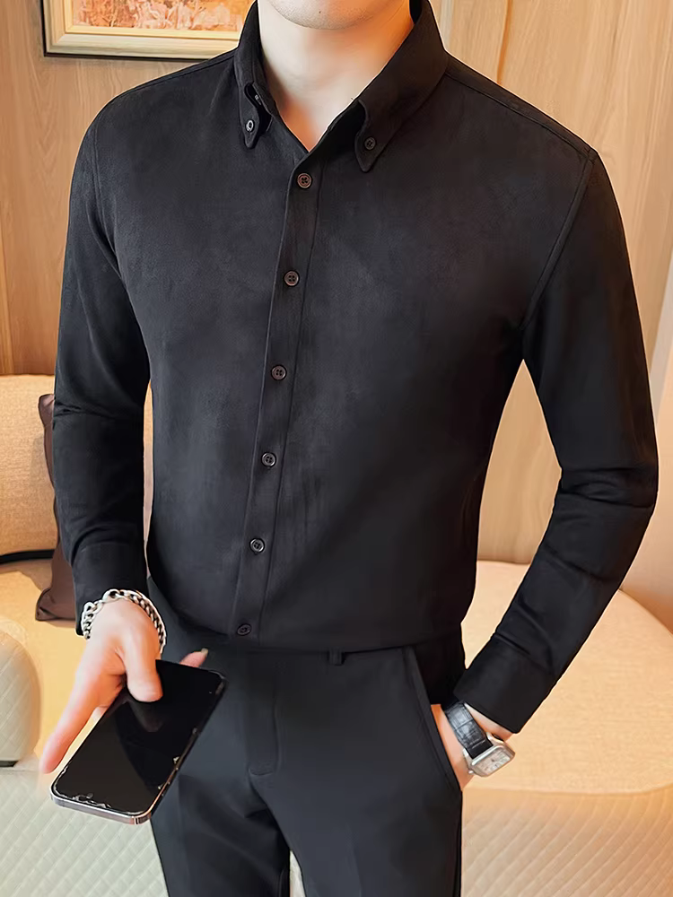 Áo sơ mi da lộn dày cho nam, áo sơ mi dài tay công sở mùa thu đông mới, áo sơ mi thời trang dáng ôm phong cách Hàn Quốc.