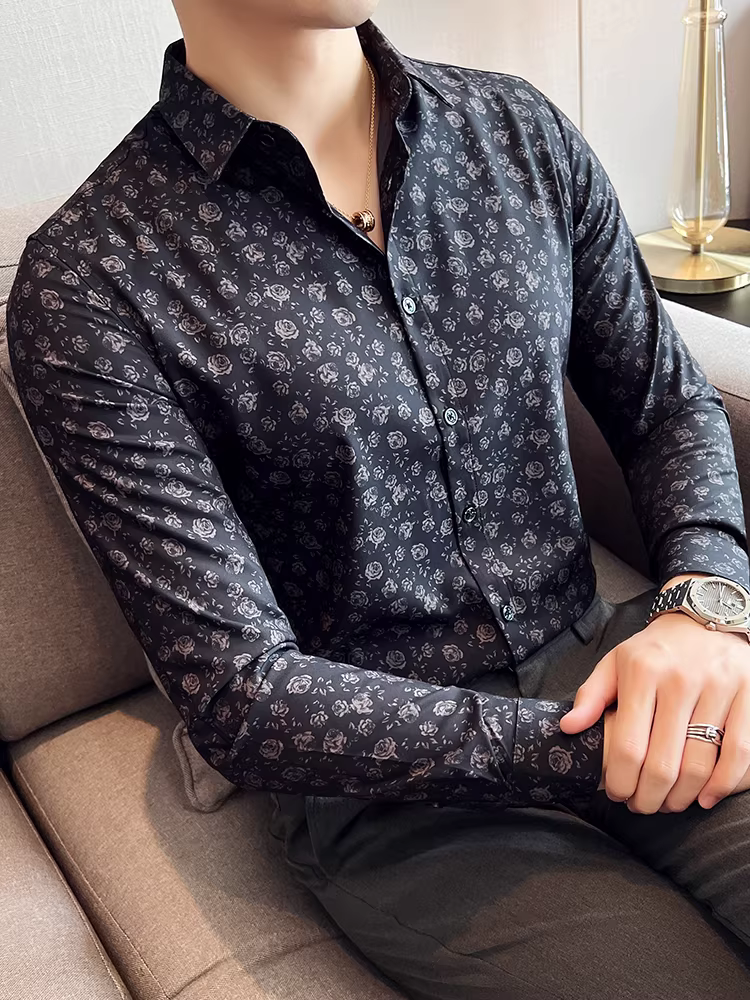 Áo sơ mi hoa cho nam, dài tay, cao cấp, sành điệu, hợp thời trang, ôm dáng, công sở, không nhăn, phong cách Anh, trang phục lịch sự và chuyên nghiệp.