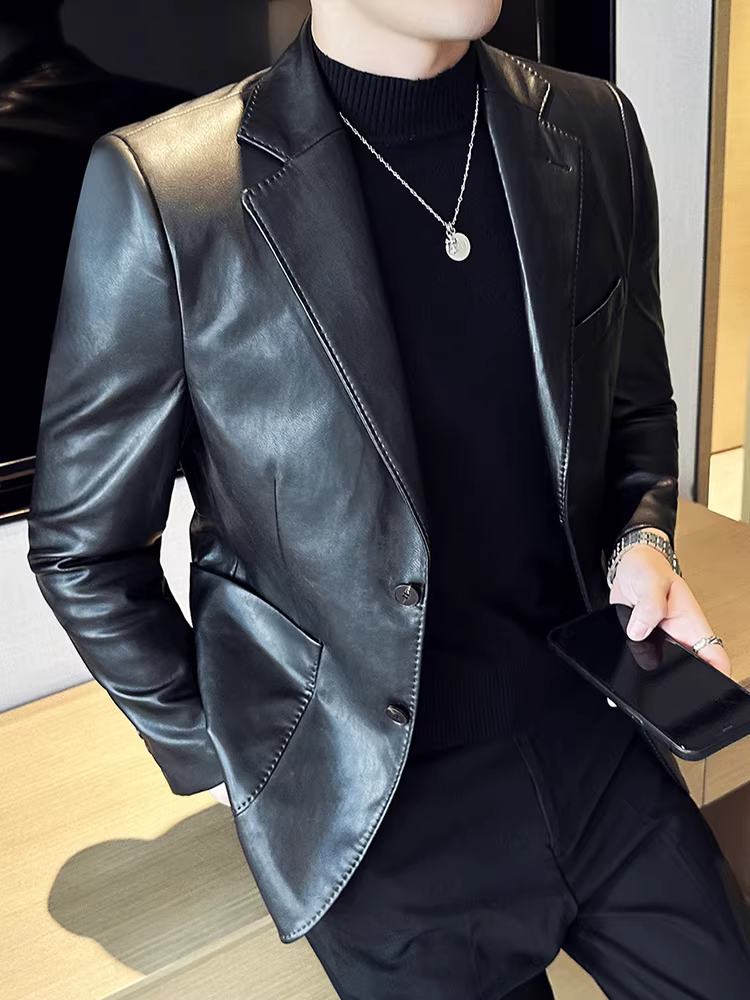 Áo khoác da công sở cao cấp dành cho nam, thời trang thu đông 2025, kiểu dáng ôm body, phong cách lịch lãm kiểu Anh.