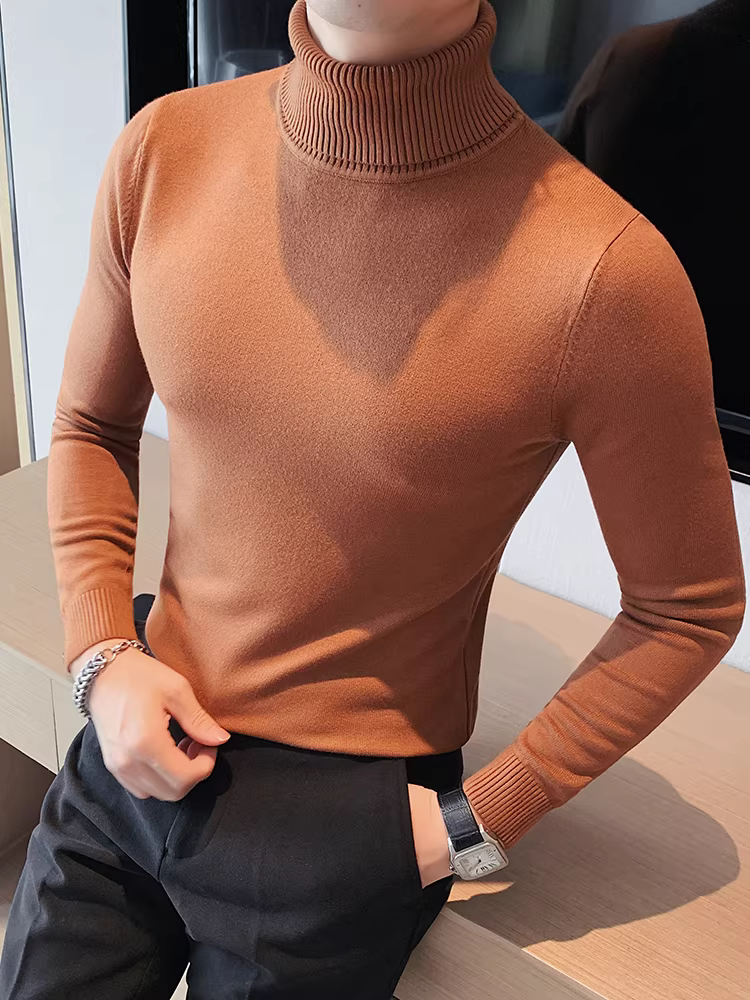 Áo len cổ lọ nam cho mùa thu đông, lót lông cừu, màu trơn, dệt kim mịn, tay dài, kiểu dáng ôm sát thời trang.
