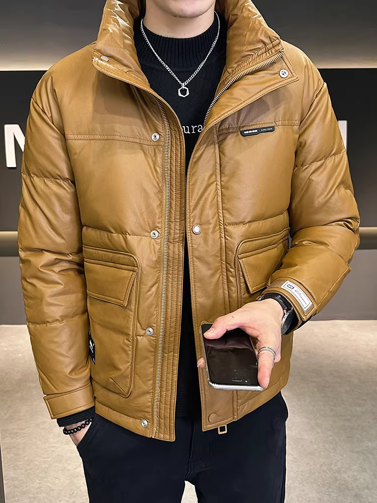 Áo khoác da PU nam, áo khoác dày mùa đông, kiểu mới 2025, thương hiệu thời trang cao cấp, áo khoác ngắn giản dị ấm áp.
