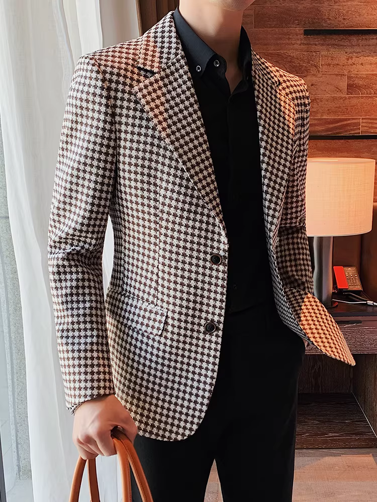 Áo blazer kẻ caro nam, kiểu mới thu đông 2025, thời trang, ôm dáng, lịch lãm, phong cách công sở lịch sự, không nhăn, dễ chăm sóc.