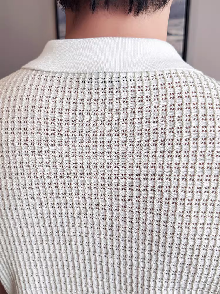 Áo polo dệt kim bằng lụa băng rỗng dành cho nam, tay ngắn, kiểu dáng mỏng mùa hè, thời trang và hợp thời trang, áo thun có khóa kéo cổ áo phối màu cao cấp.