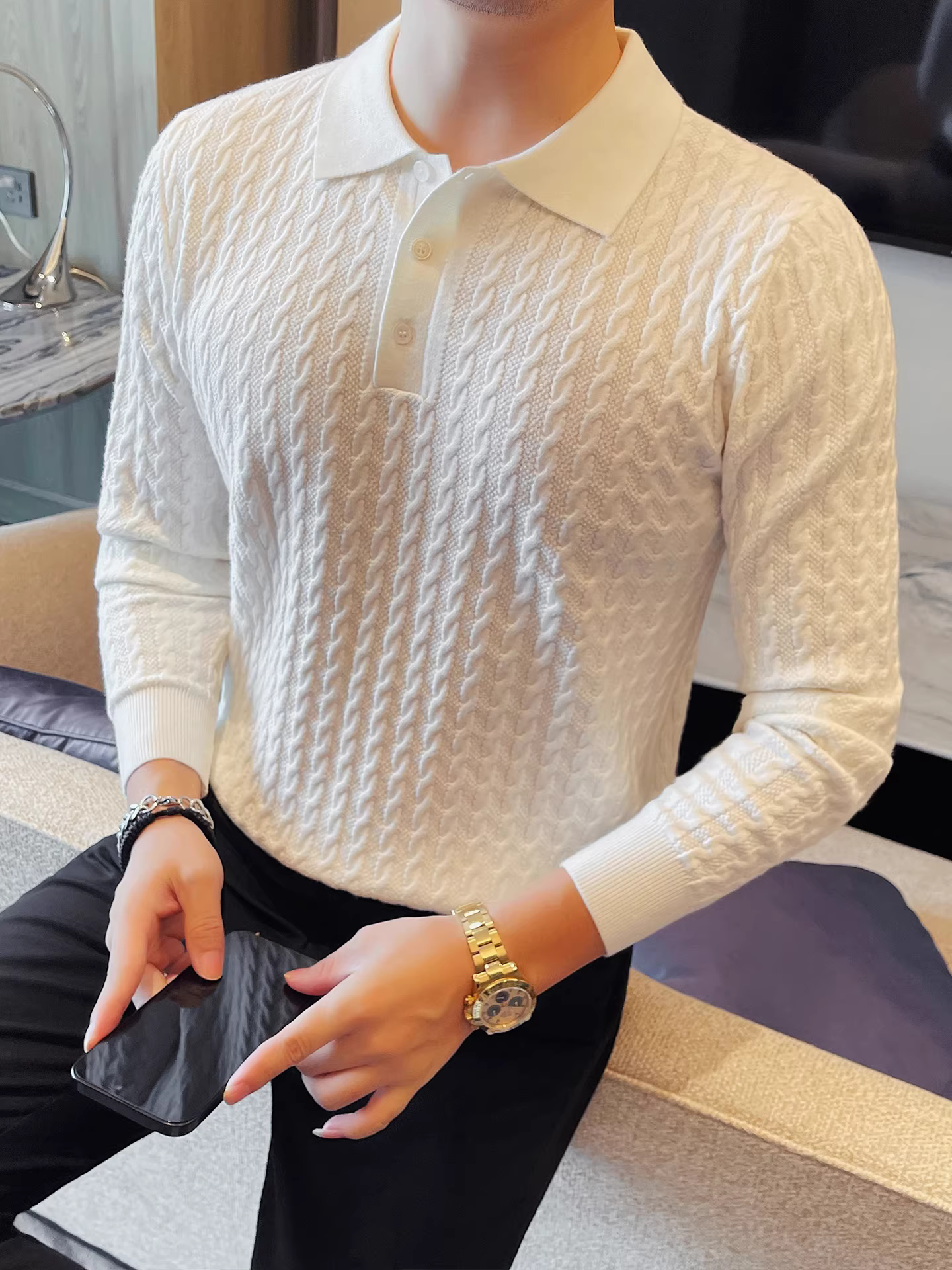 Áo polo nam kiểu Anh, chất liệu dệt kim, cổ trụ, tay dài, dáng ôm, mới mùa thu đông, áo len cao cấp