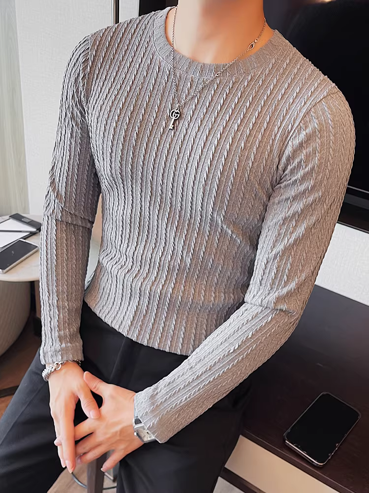 Áo thun nam cổ tròn sọc, dài tay, xuân thu, hợp thời trang, ôm dáng, giản dị, đa năng, cao cấp, áo thun thời trang.