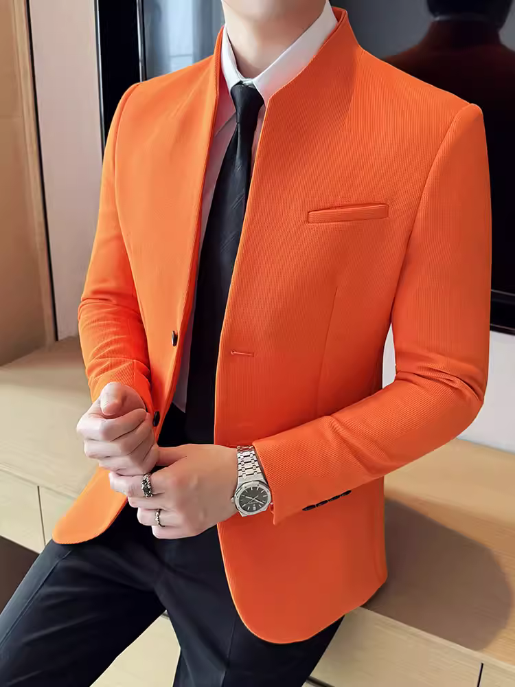 Áo blazer nam chất liệu vải waffle kiểu dáng cổ đứng phong cách Trung Hoa mới, áo vest công sở cao cấp, đa năng, kiểu dáng ôm body.