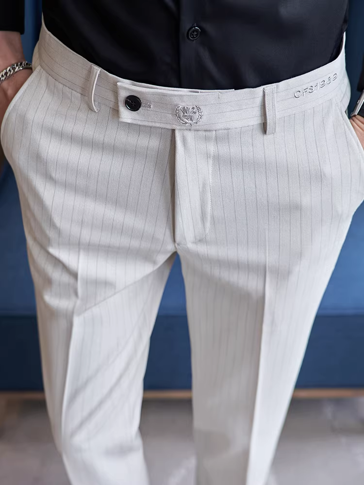 Quần âu nam kẻ sọc, quần công sở cao cấp mùa xuân thu mới, quần âu kiểu Anh dáng ôm thêu