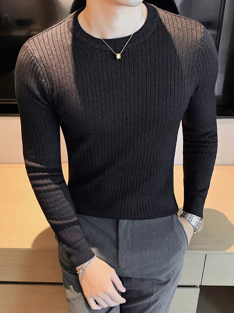 Áo len cổ tròn nam, áo len dệt kim sọc dày dặn phong cách Hàn Quốc, áo sơ mi dài tay đa năng, hợp thời trang, kiểu dáng đơn giản