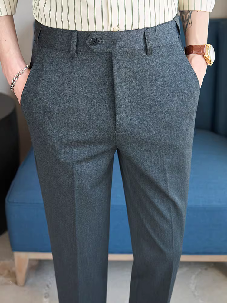 Quần âu nam dáng ôm, chất liệu len pha, màu trơn, đa năng, thích hợp cho công việc, chống nhăn.