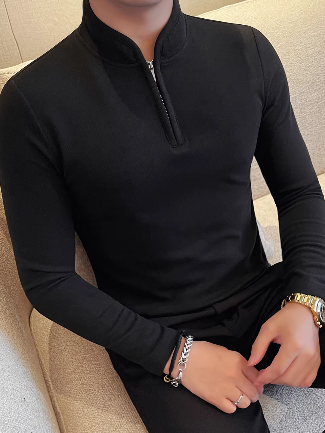 Áo thun nam cổ đứng nửa khóa kéo dày dặn mùa thu đông, tay dài, cao cấp, thời trang, hợp xu hướng, ôm dáng, đa năng, lót lông cừu.