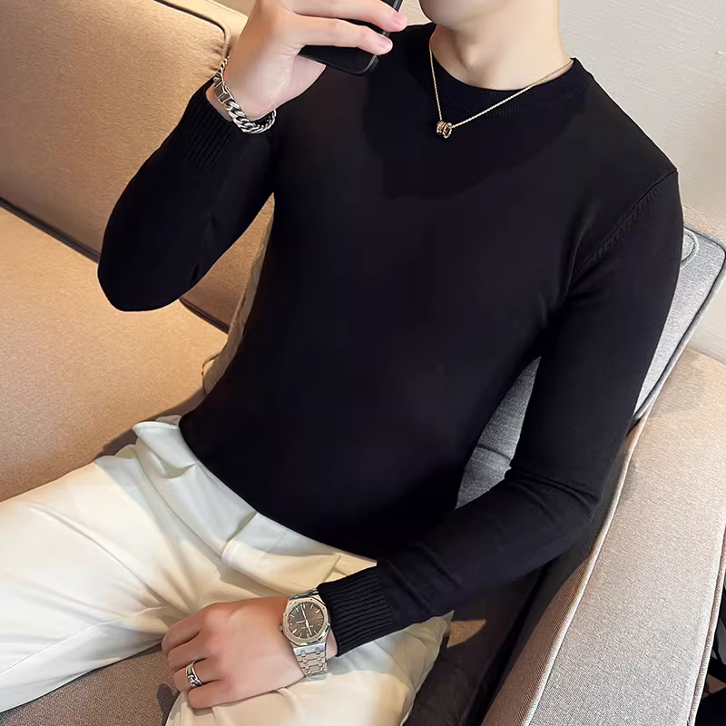 Áo len cổ tròn nam, thu đông, ôm dáng, thời thượng, cao cấp, áo thun dệt kim đa năng, phong cách Anh, giản dị và thời trang.