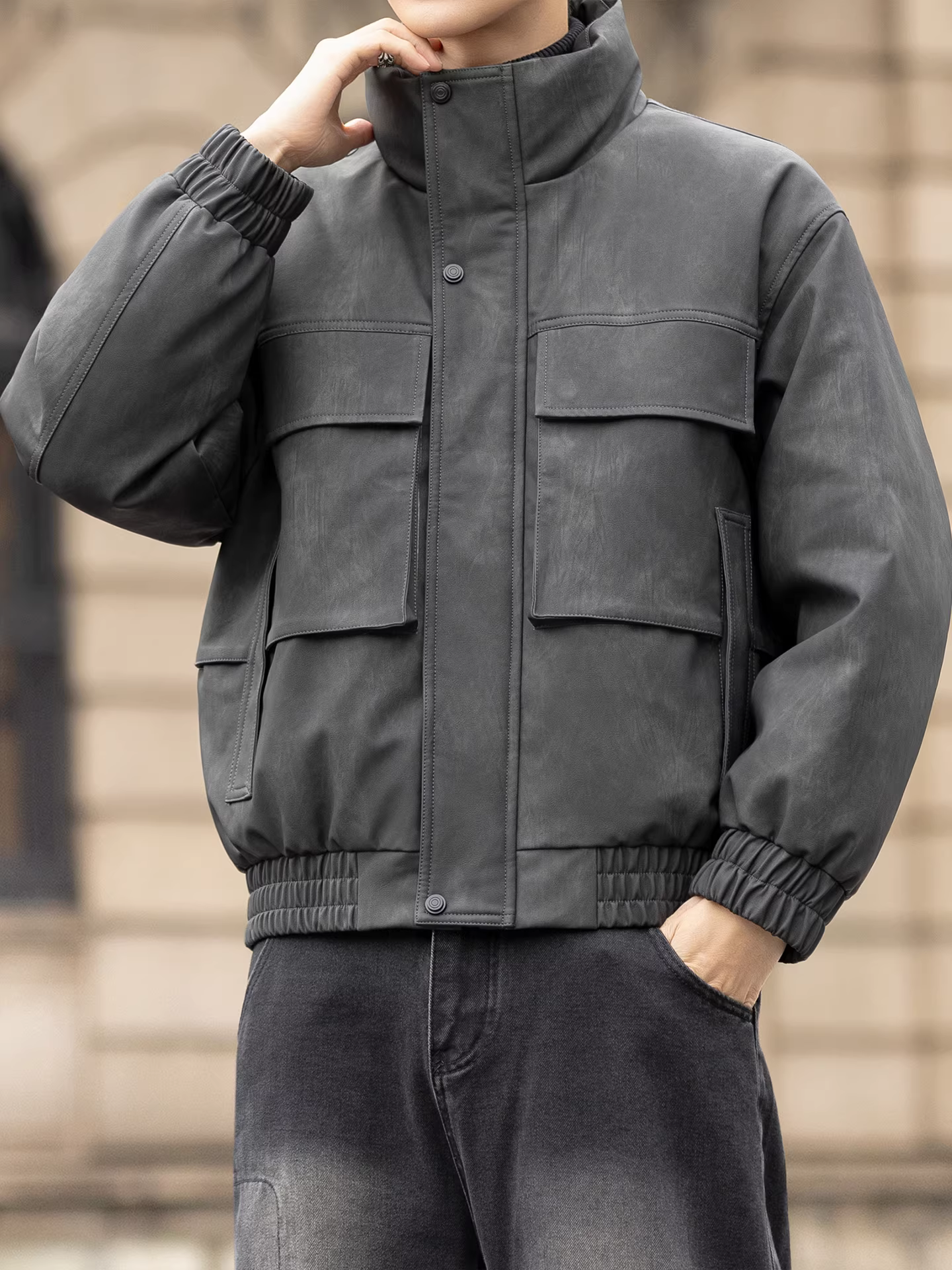 Áo khoác da PU kiểu dáng công sở dành cho nam, mẫu mới mùa đông 2025, dáng rộng, đa năng, kiểu ngắn thời trang, dày dặn và ấm áp.