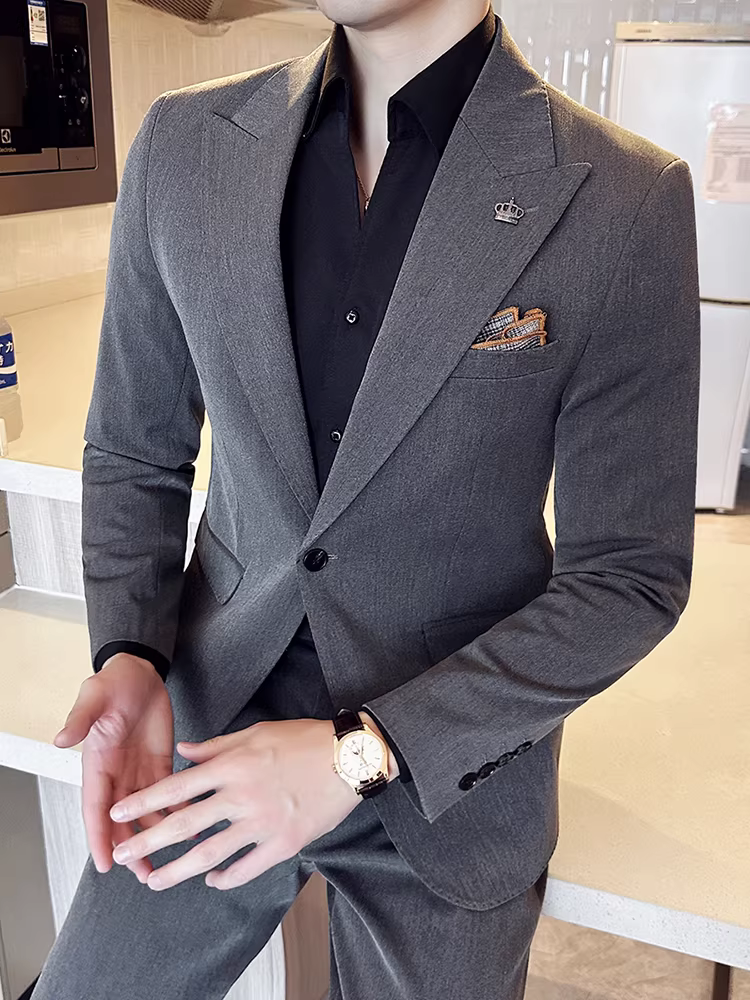 Bộ vest nam phối hạt cườm, trang phục công sở lịch lãm cao cấp, kiểu dáng ôm body, bộ vest cưới ba mảnh dành cho chú rể