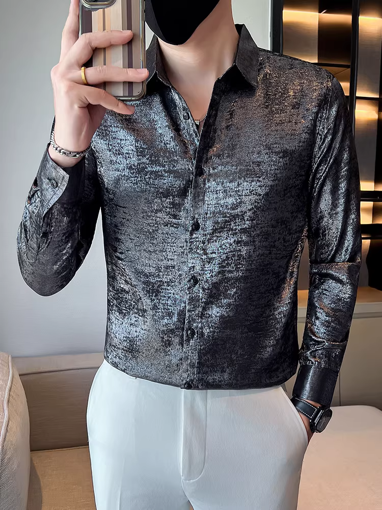Áo sơ mi nam bóng mượt, tay dài, kiểu dáng mới thu đông 2025, thời trang, ôm dáng, lịch lãm, hợp xu hướng, đa năng, cao cấp