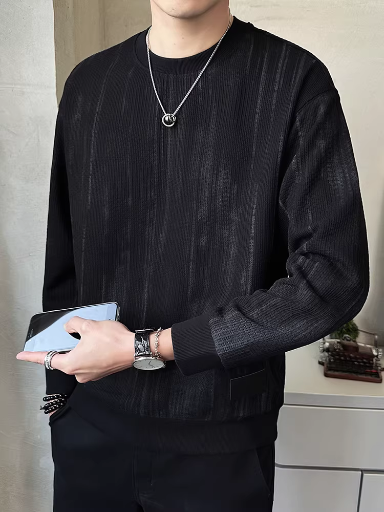 Áo thun nam cổ tròn chất liệu dệt kim, kiểu dáng mới xuân 2025, thời trang cao cấp, hợp xu hướng, lịch lãm, đa năng, tay dài