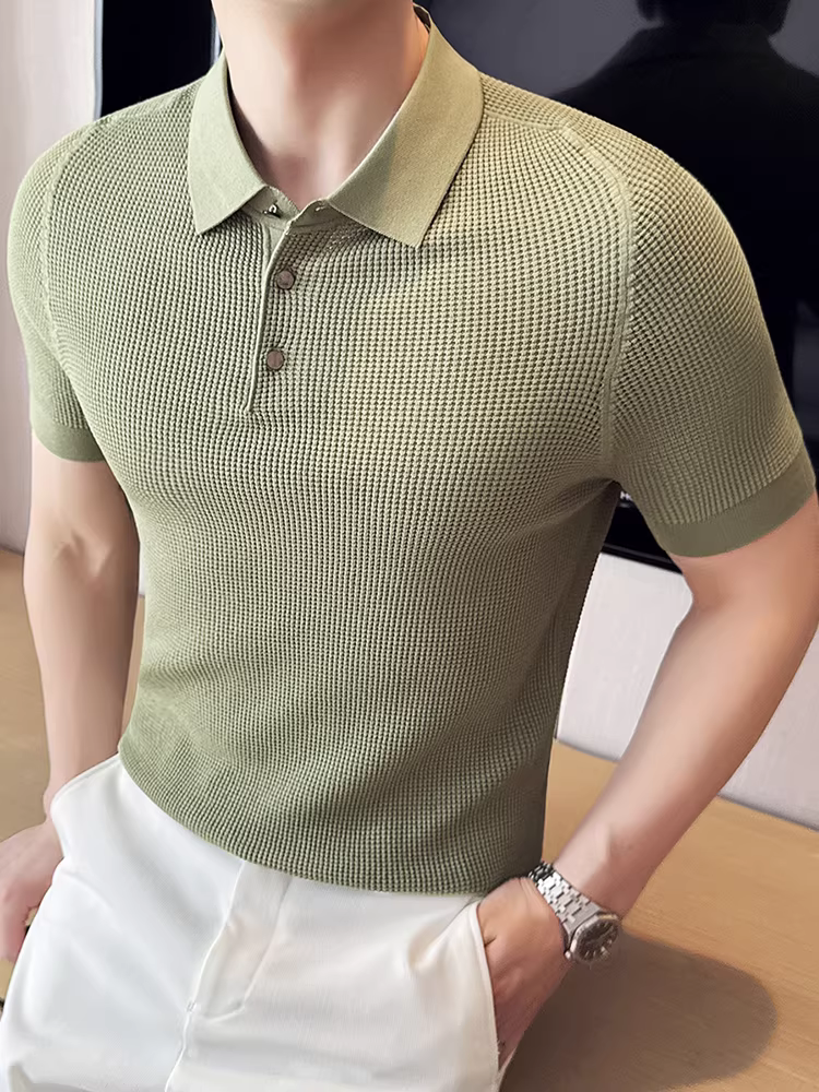 Áo Polo nam Yilite chất liệu lưới dệt kim, tay ngắn, mùa hè, mỏng, kiểu dáng ôm sát, cổ tròn, phong cách thường ngày