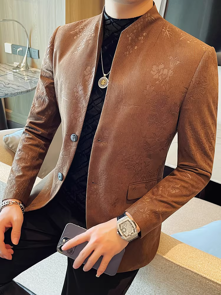Áo blazer nam cổ đứng kiểu Trung Quốc mới, họa tiết hoa, thời trang xuân 2025, kiểu dáng ôm body, lịch lãm, cao cấp