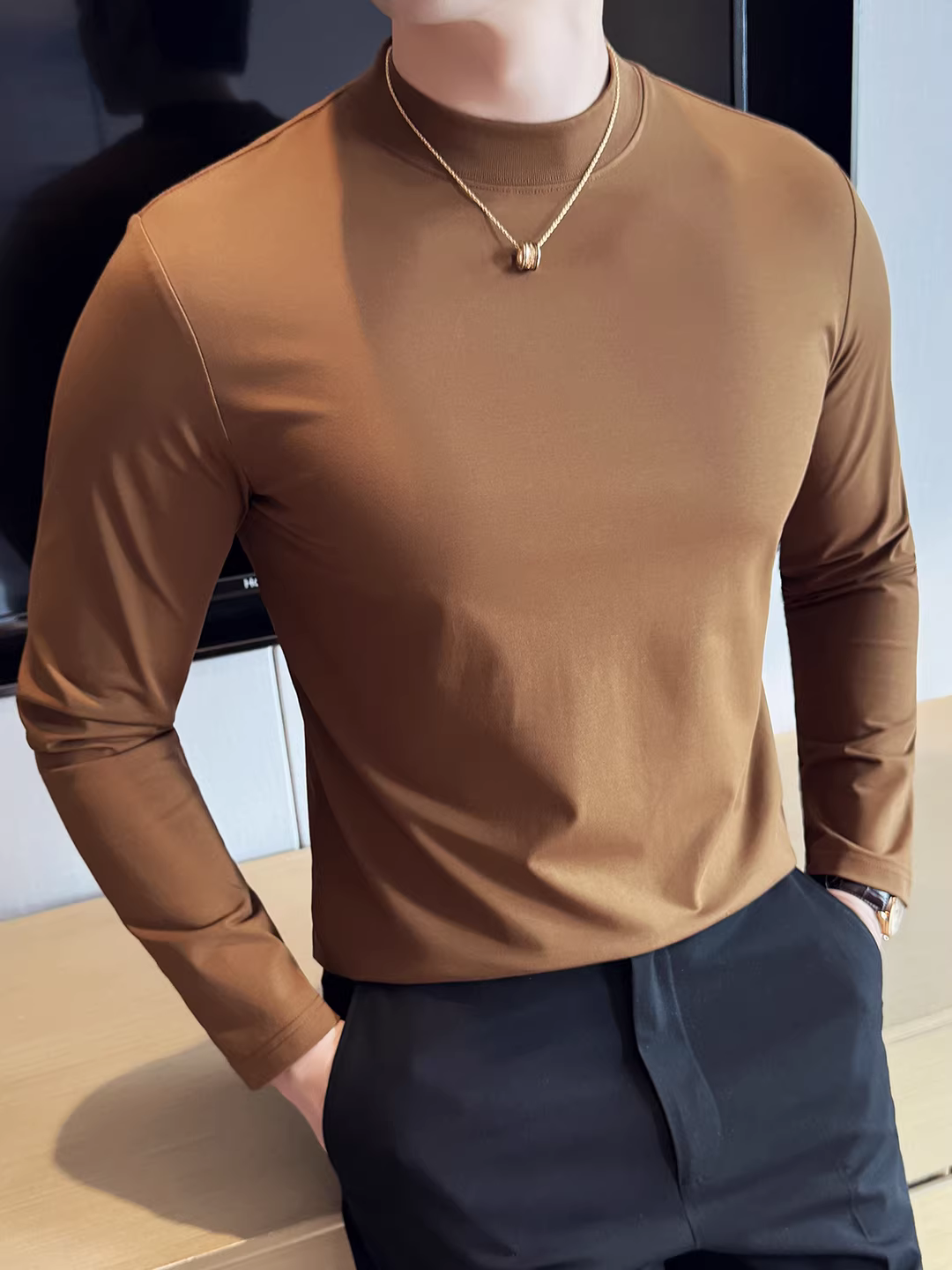Áo thun nam dài tay chất lượng cao cho mùa thu đông, màu trơn, đa năng, thân thiện với da, co giãn, thoải mái, áo thun ôm sát cơ thể.