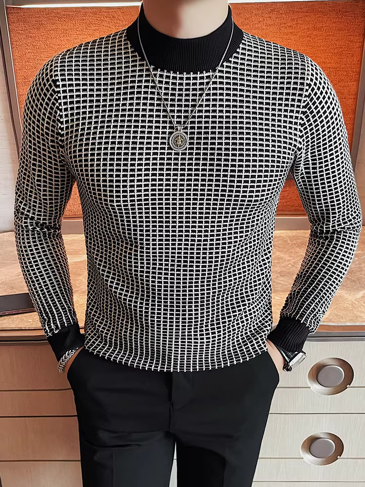 Áo len kẻ caro nửa cổ lọ phối màu cho nam, tay dài, thời trang thu đông 2024, áo lót dệt kim mới mẻ, hợp xu hướng