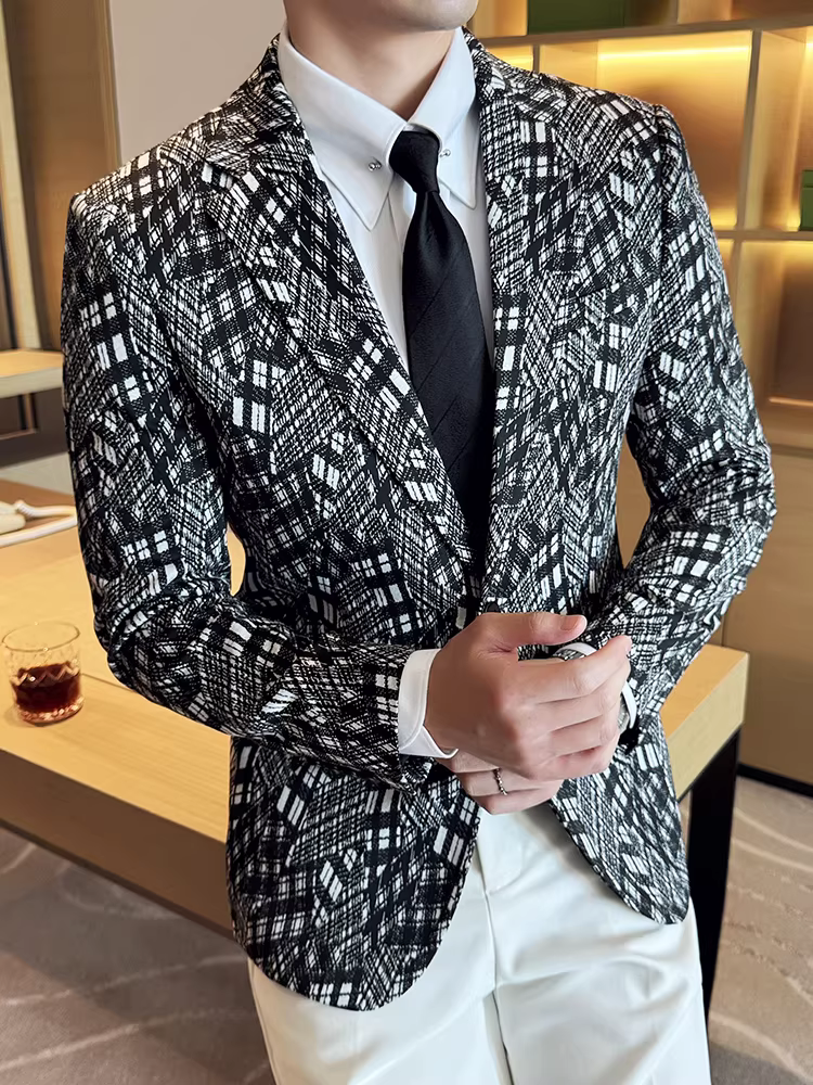 Áo blazer kẻ rằn ri nam 2024, kiểu dáng công sở lịch lãm, đa năng, thời thượng, ôm dáng, đơn hàng nút, phong cách hiện đại