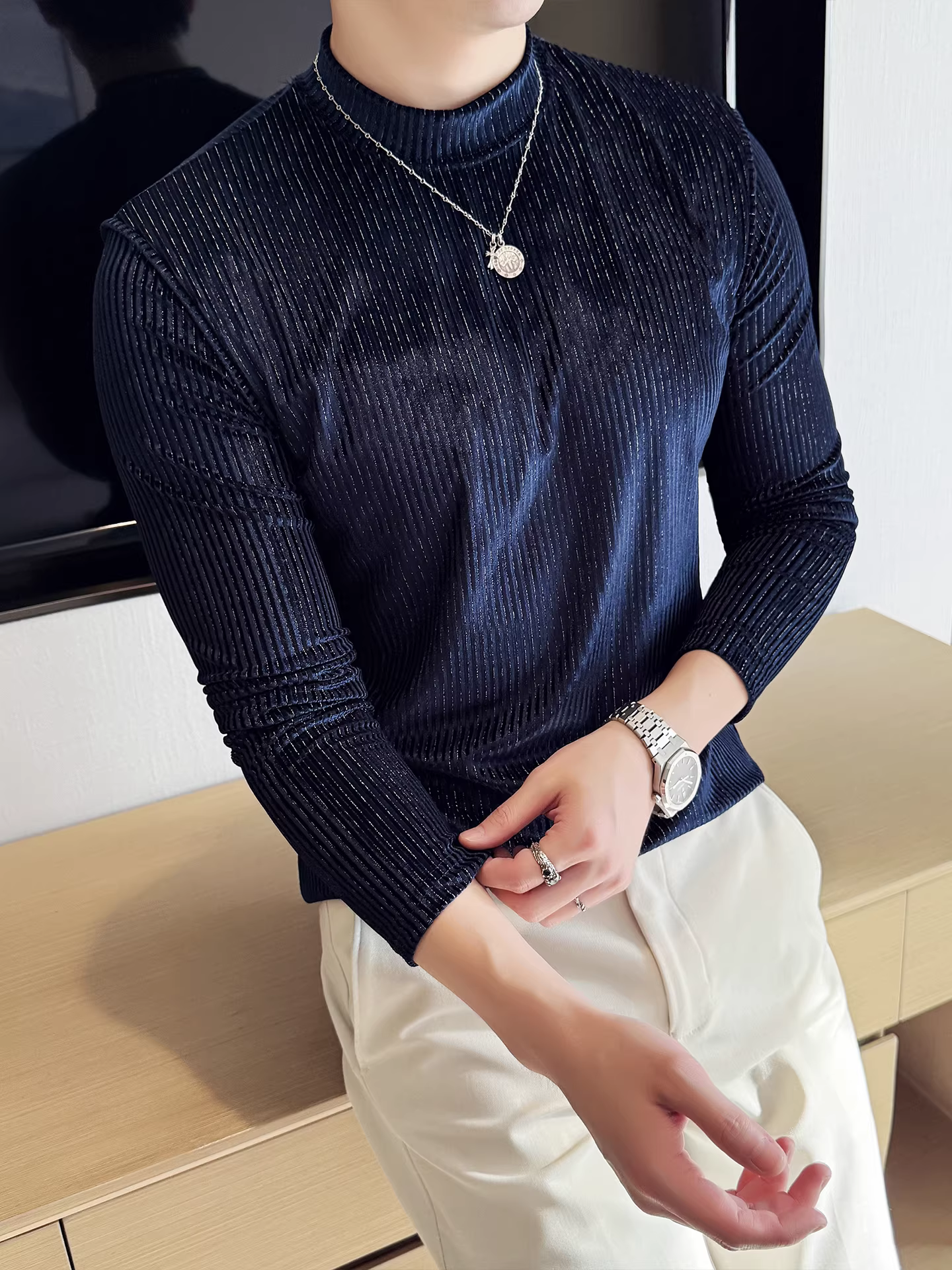 Áo thun nam cổ lọ nhung dệt kim dài tay, thời trang thu đông 2025 kiểu dáng ôm body, áo lót cổ nửa cao