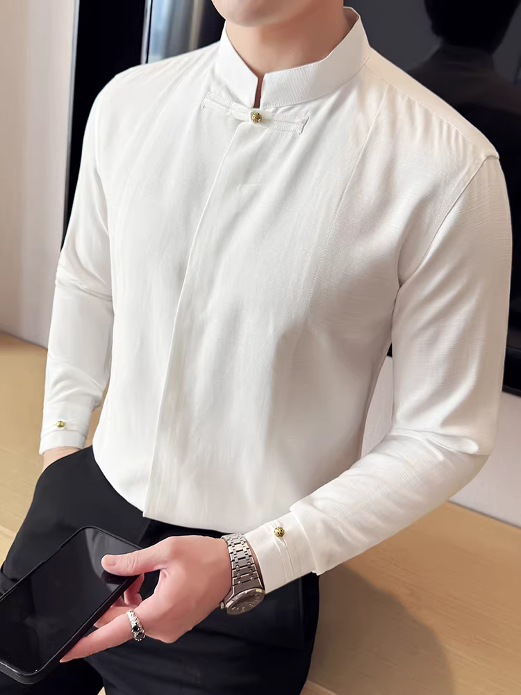 Áo sơ mi nam kiểu Trung Sơn cổ đứng, tay dài, mẫu mới 2025, chất liệu cao cấp, dáng ôm, màu trơn, phong cách công sở lịch lãm.