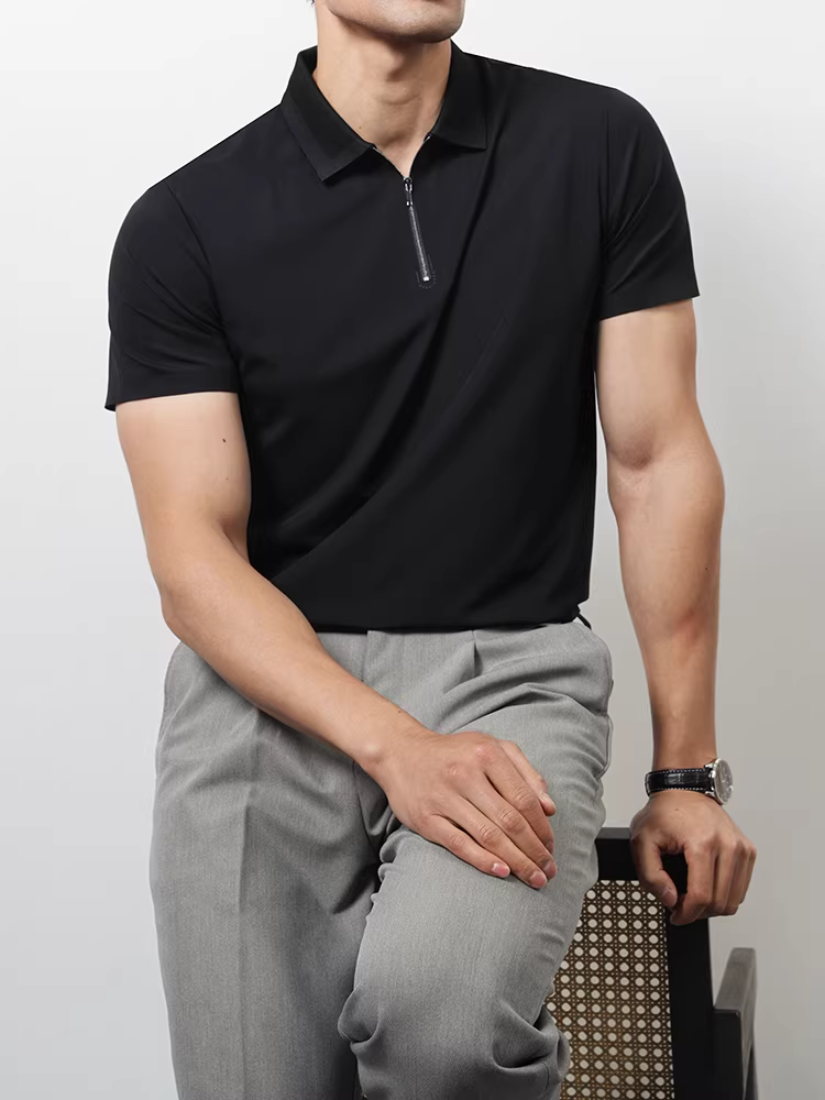 Áo polo nam có khóa kéo trên cổ, tay ngắn, kiểu dáng mùa hè mới, thời trang, hợp xu hướng, nhẹ nhàng sang trọng, phong cách trưởng thành, áo thun công sở