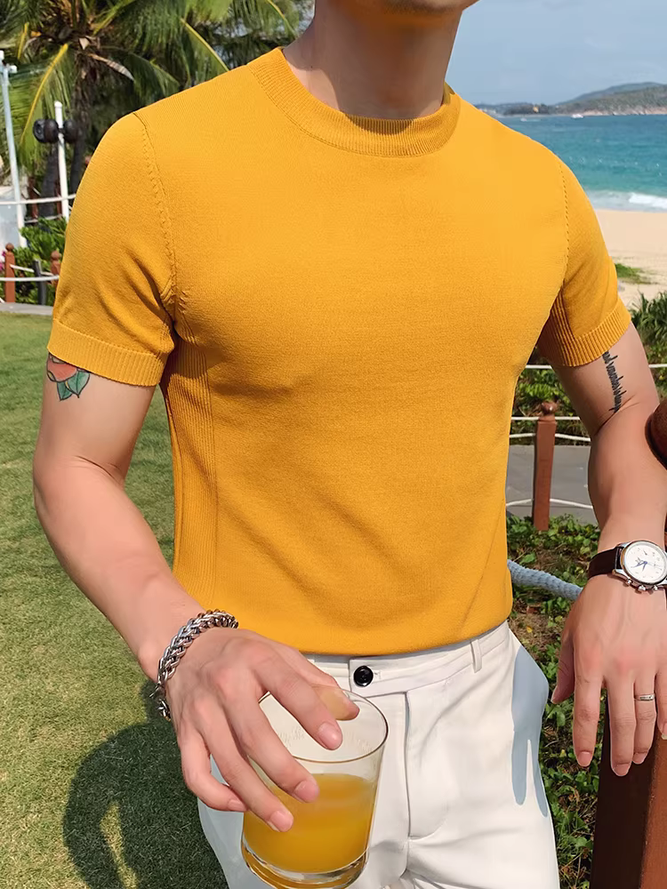 Áo thun nam chất liệu lụa đá, tay ngắn, mùa hè mỏng nhẹ, cao cấp, kiểu dáng Hàn Quốc, ôm body, áo thun nam mặc thường ngày