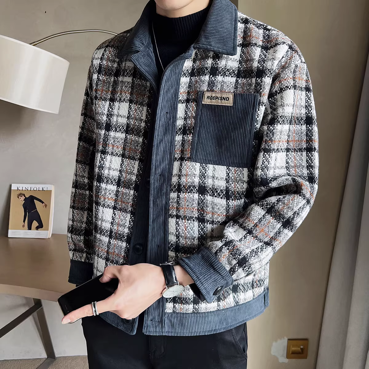 Áo khoác len dệt kim họa tiết răng cưa dành cho nam, thời trang thu đông mới, kiểu dáng cổ điển, ngắn, cao cấp