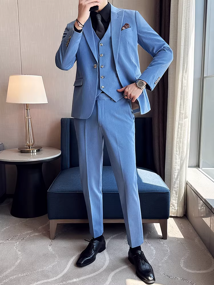 Bộ vest nam cao cấp một cúc, trang phục công sở lịch lãm, vest cưới cao cấp ba mảnh cho chú rể