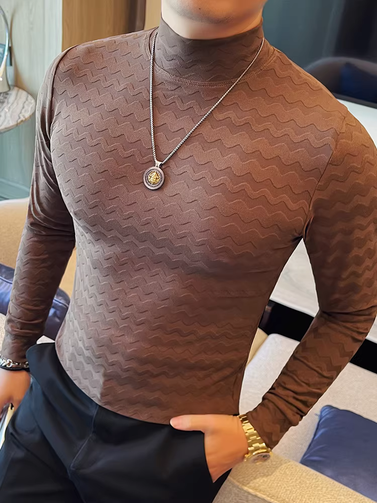 Áo sơ mi nam cổ nửa cao họa tiết sóng, thời trang thu đông 2025, kiểu dáng ôm body, cổ trung bình, tay dài