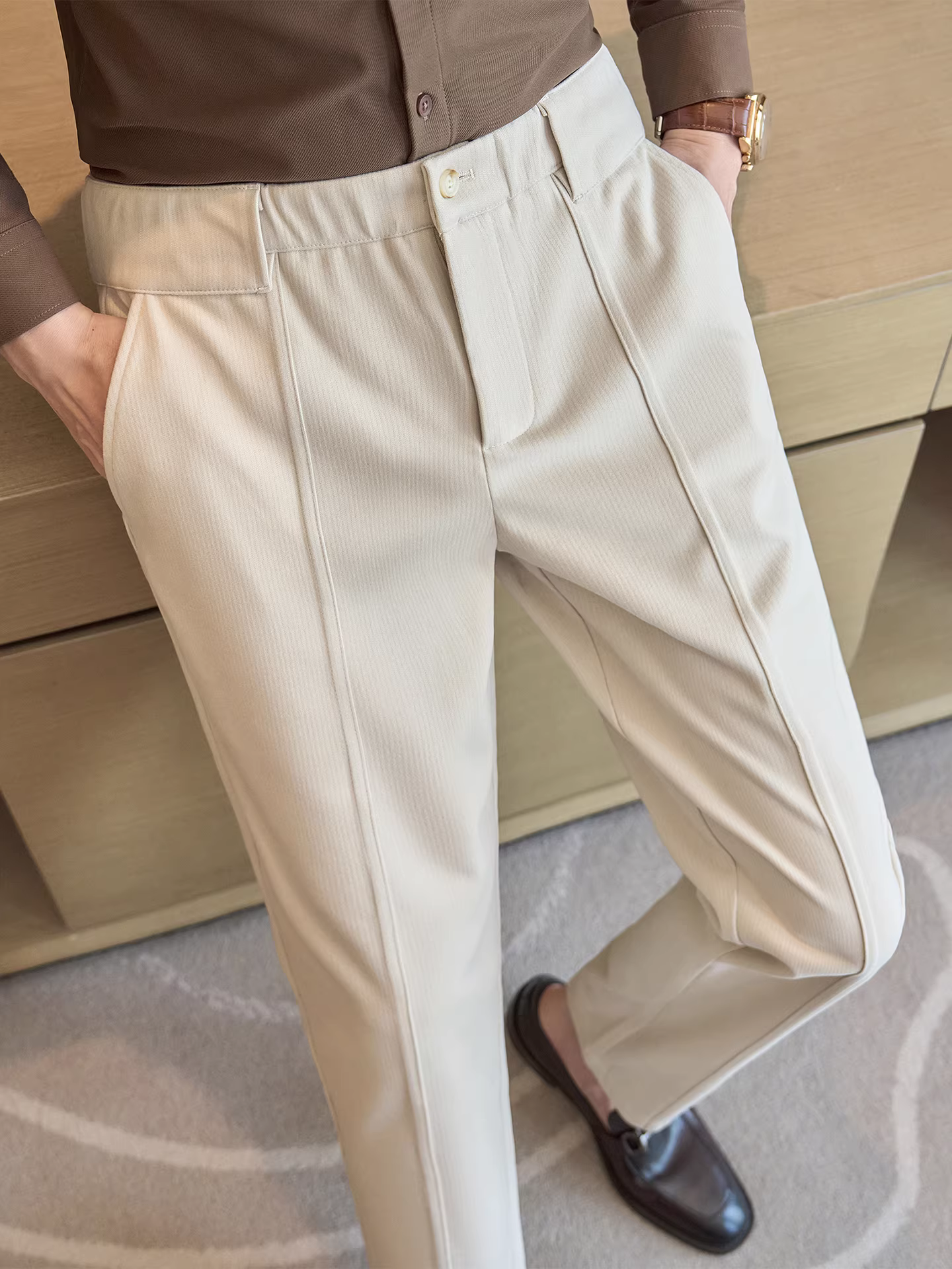 Quần tây nam mùa thu đông chất liệu len, cao cấp, thiết kế lưng thun, hợp thời trang, đa năng, kiểu dáng công sở lịch lãm