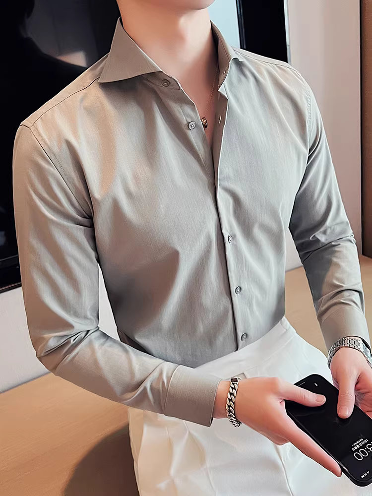 Áo sơ mi nam cổ Windsor một đường may, tay dài, kiểu mới xuân thu 2024, cao cấp, lịch lãm, lịch sự, đẹp trai