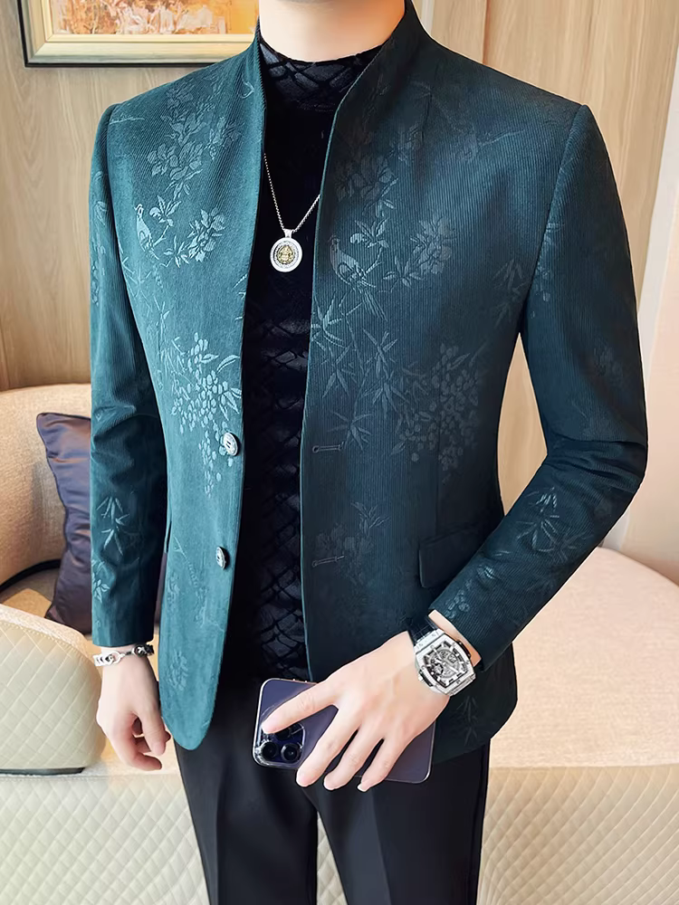 Áo blazer nam cổ đứng in họa tiết kiểu Trung Quốc mới, mẫu xuân thu 2025, thời trang cao cấp, dáng ôm, kiểu retro.